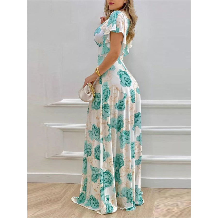 Floral Print V-Neck Ruffle Sleeve Maxi Dress Apparel and Accessories