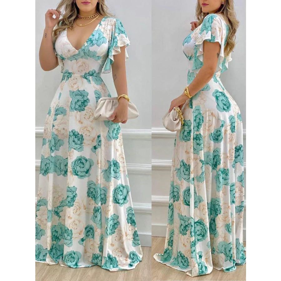Floral Print V-Neck Ruffle Sleeve Maxi Dress Apparel and Accessories