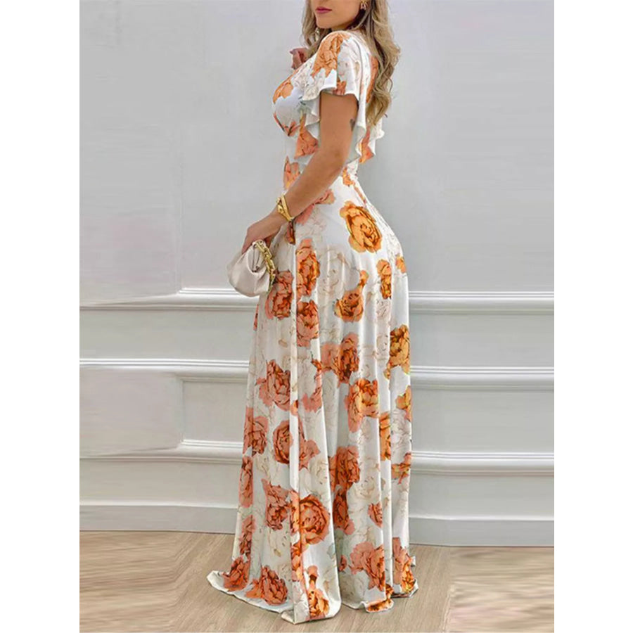 Floral Print V-Neck Ruffle Sleeve Maxi Dress Apparel and Accessories