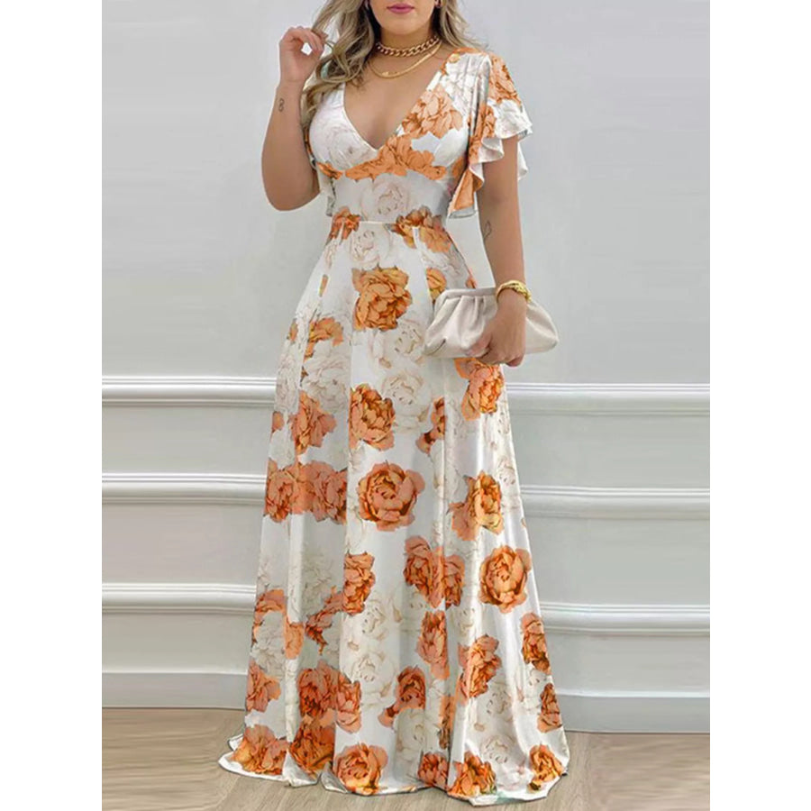 Floral Print V-Neck Ruffle Sleeve Maxi Dress Apparel and Accessories