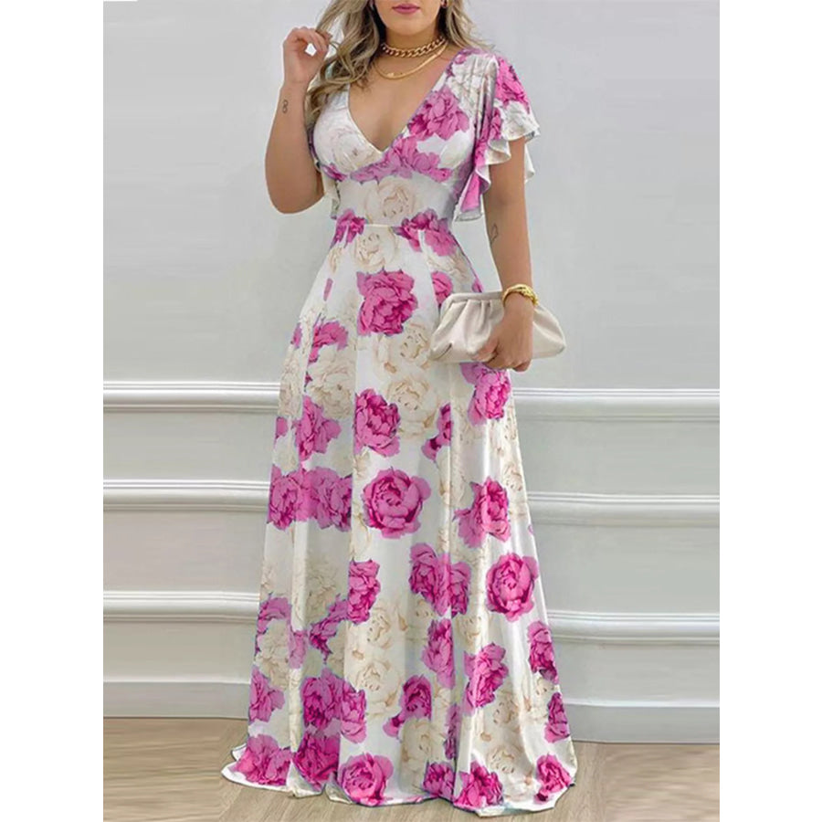Floral Print V-Neck Ruffle Sleeve Maxi Dress Fuchsia Pink / S Apparel and Accessories