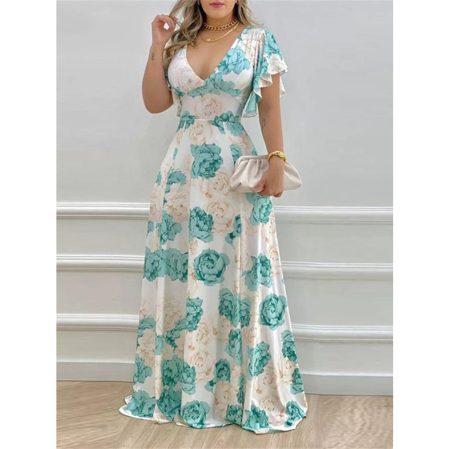 Floral Print V-Neck Ruffle Sleeve Maxi Dress Teal / S Apparel and Accessories