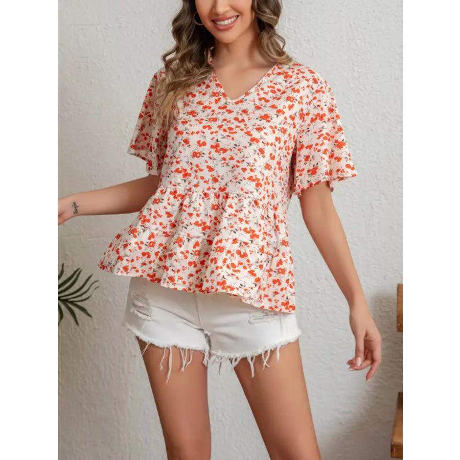 Floral Print V-Neck Ruffle Sleeve Peplum Blouse Apparel and Accessories