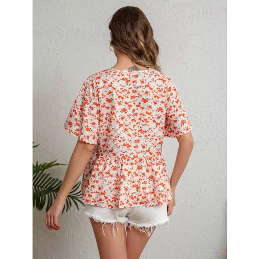Floral Print V-Neck Ruffle Sleeve Peplum Blouse Apparel and Accessories