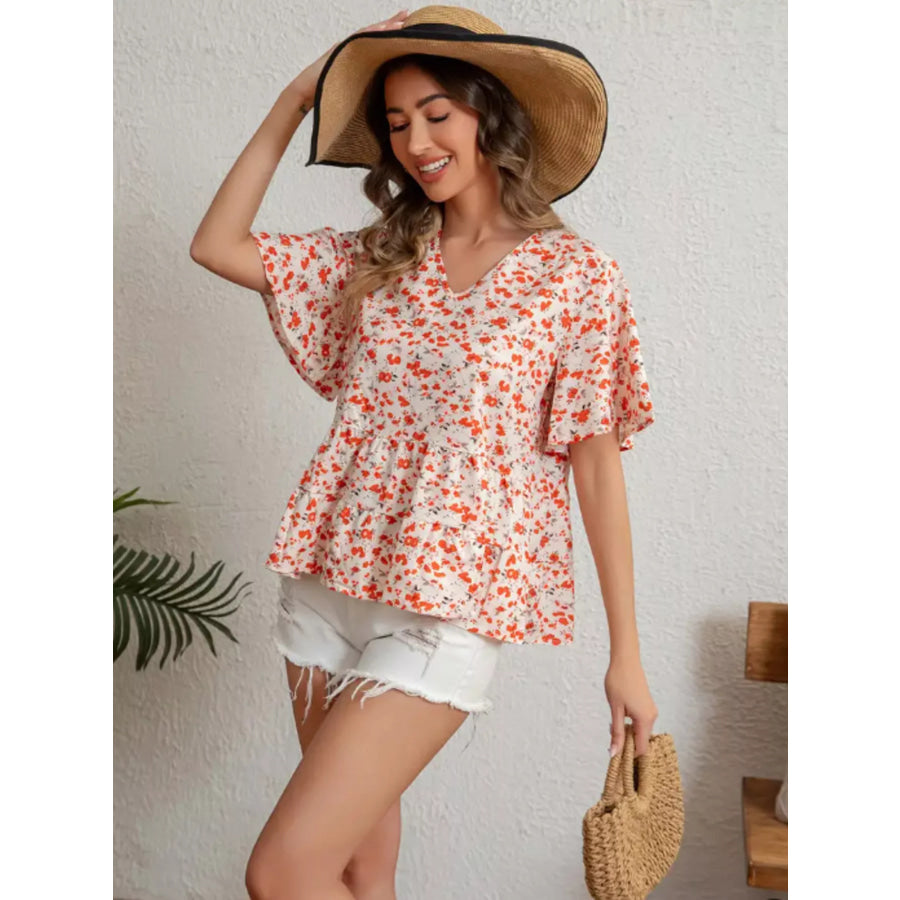 Floral Print V-Neck Ruffle Sleeve Peplum Blouse Orange Red / S Apparel and Accessories