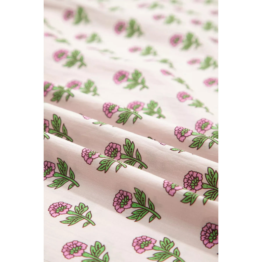 Floral Print V Neck Scallop Trim Button Front Short Sleeve Dress Apparel and Accessories