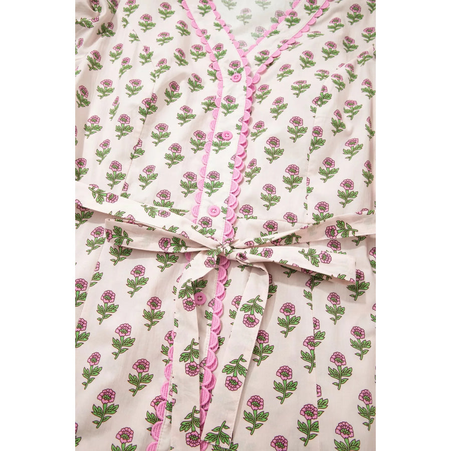 Floral Print V Neck Scallop Trim Button Front Short Sleeve Dress Apparel and Accessories
