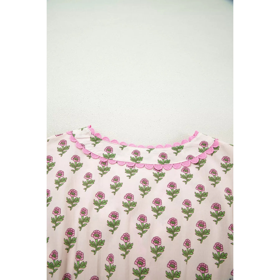 Floral Print V Neck Scallop Trim Button Front Short Sleeve Dress Apparel and Accessories