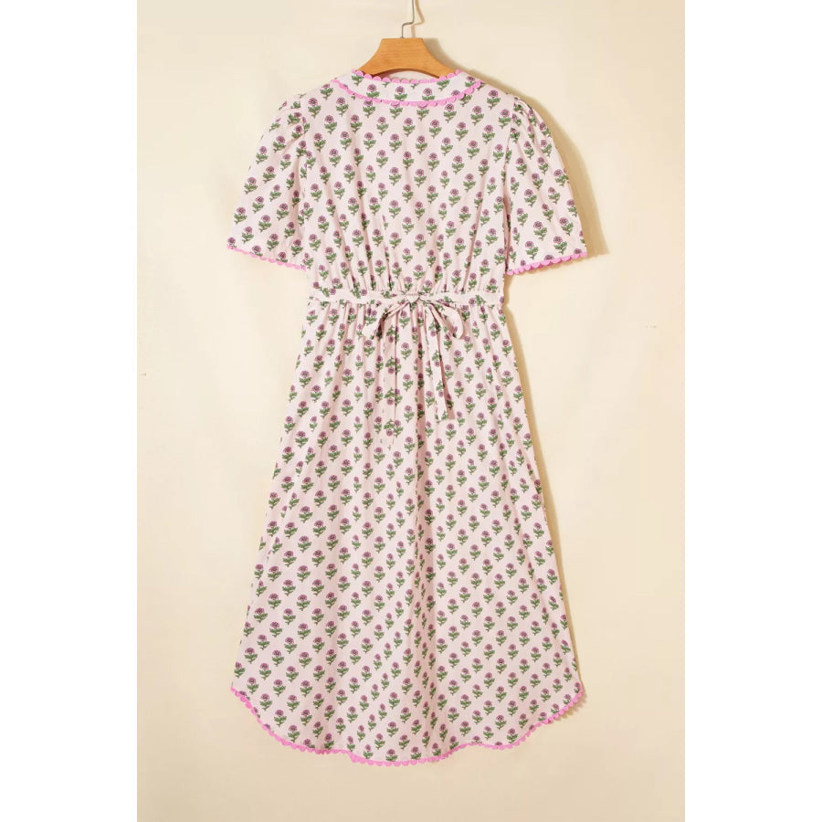 Floral Print V Neck Scallop Trim Button Front Short Sleeve Dress Apparel and Accessories