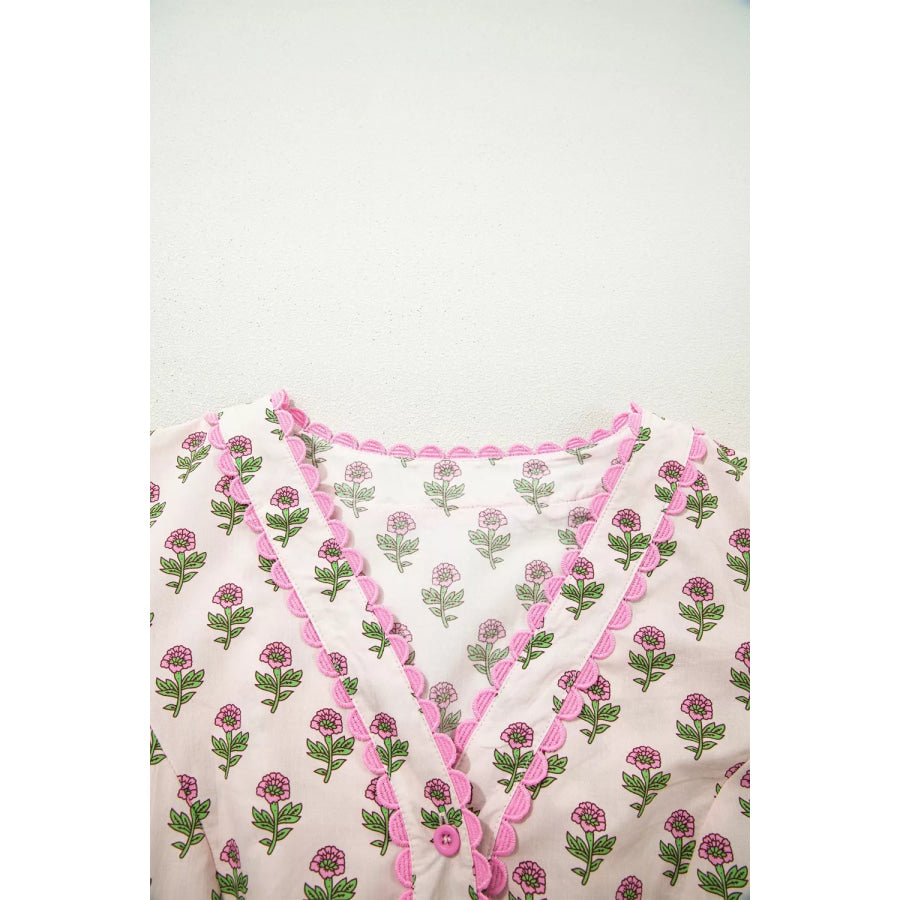 Floral Print V Neck Scallop Trim Button Front Short Sleeve Dress Apparel and Accessories