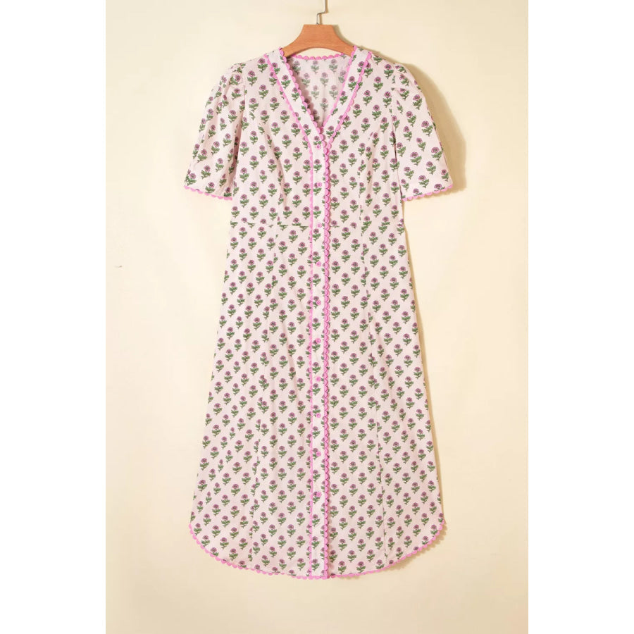Floral Print V Neck Scallop Trim Button Front Short Sleeve Dress Apparel and Accessories
