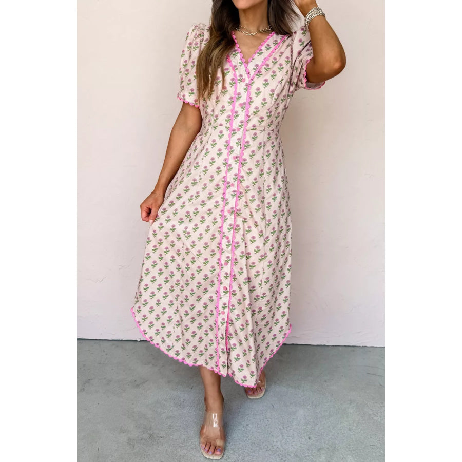Floral Print V Neck Scallop Trim Button Front Short Sleeve Dress Blush Pink / S Apparel and Accessories