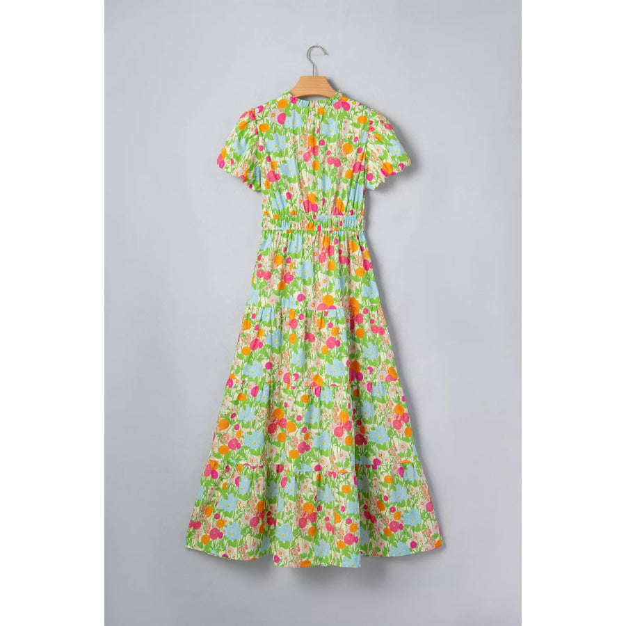 Floral Print V Neck Short Puff Sleeve Cotton Maxi Dress Apparel and Accessories