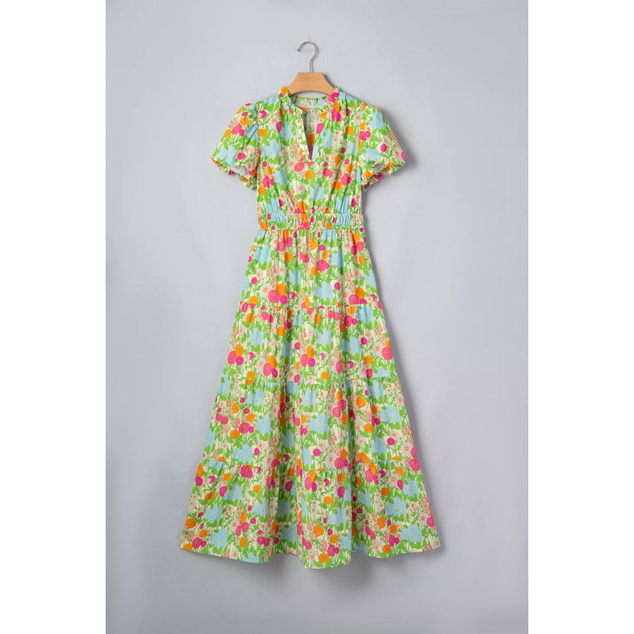 Floral Print V Neck Short Puff Sleeve Cotton Maxi Dress Apparel and Accessories