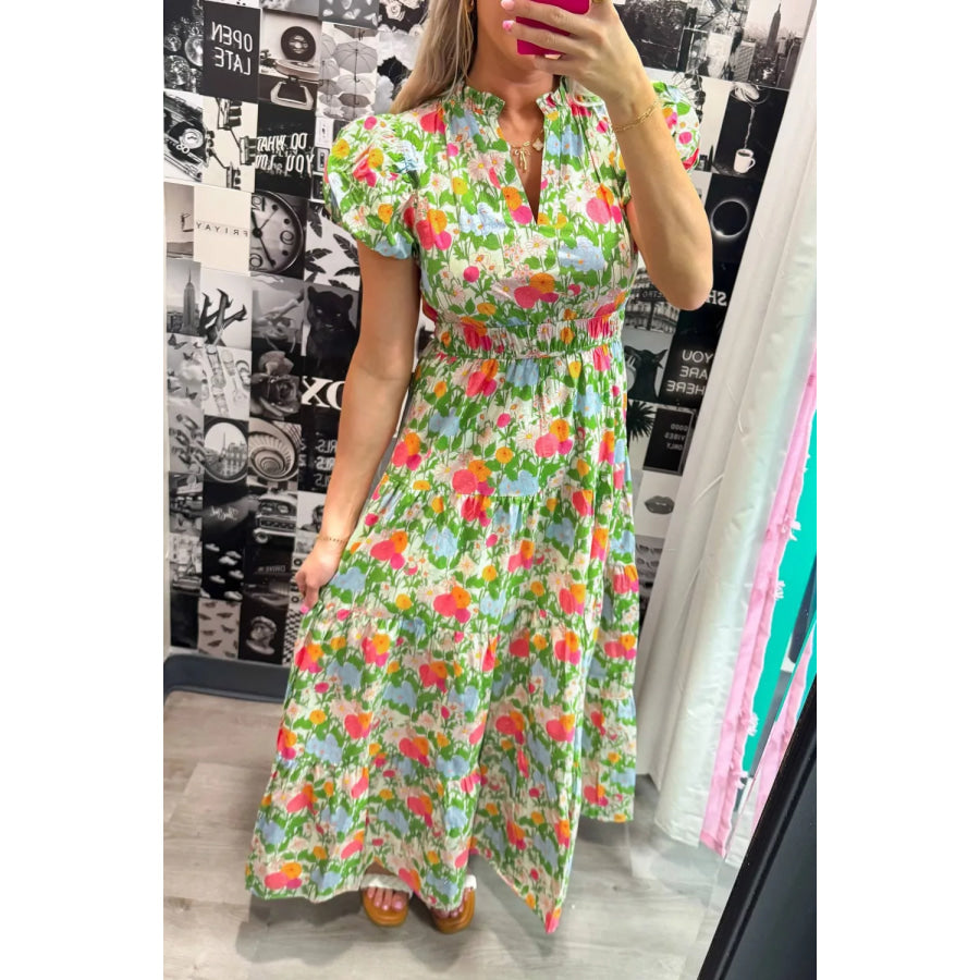 Floral Print V Neck Short Puff Sleeve Cotton Maxi Dress Apparel and Accessories
