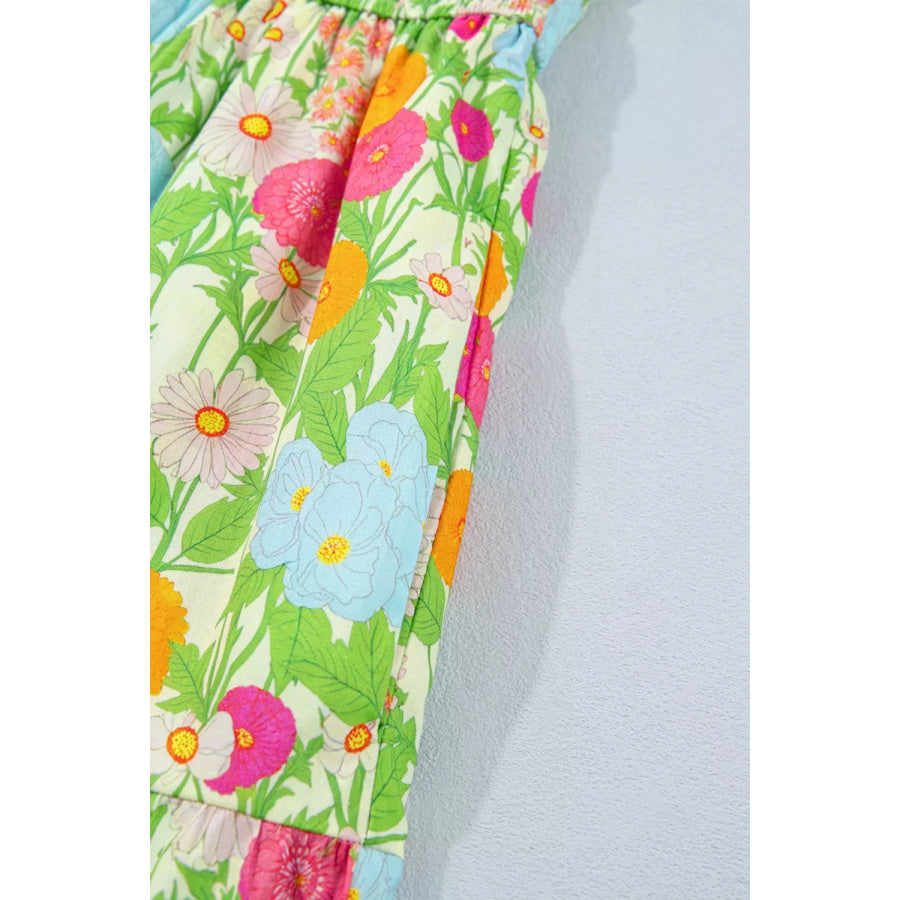 Floral Print V Neck Short Puff Sleeve Cotton Maxi Dress Apparel and Accessories