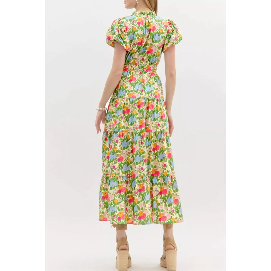 Floral Print V Neck Short Puff Sleeve Cotton Maxi Dress Apparel and Accessories