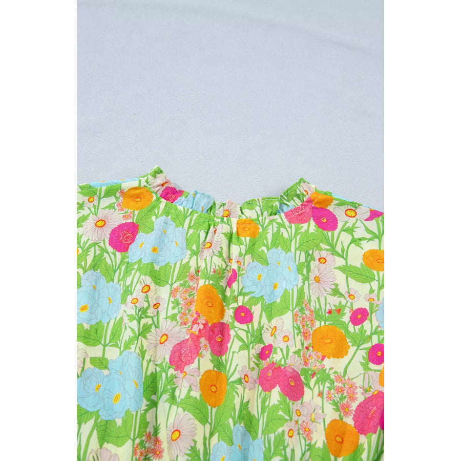 Floral Print V Neck Short Puff Sleeve Cotton Maxi Dress Apparel and Accessories