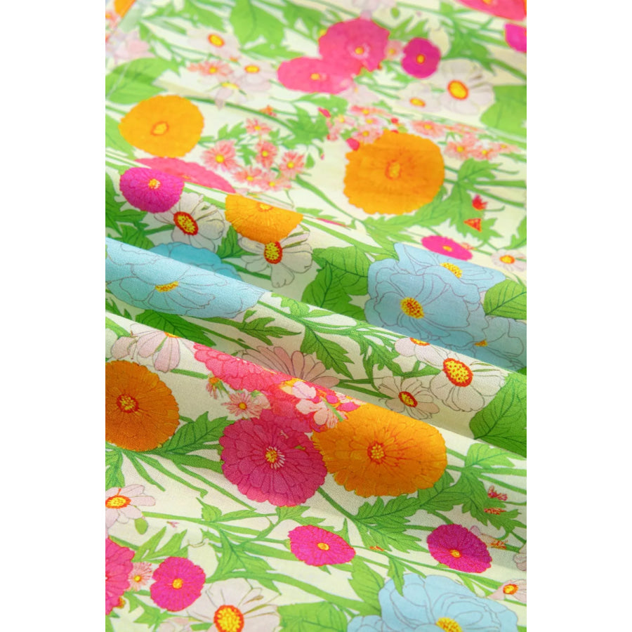 Floral Print V Neck Short Puff Sleeve Cotton Maxi Dress Apparel and Accessories