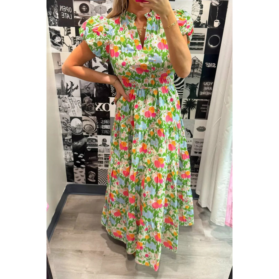 Floral Print V Neck Short Puff Sleeve Cotton Maxi Dress Lime / S Apparel and Accessories