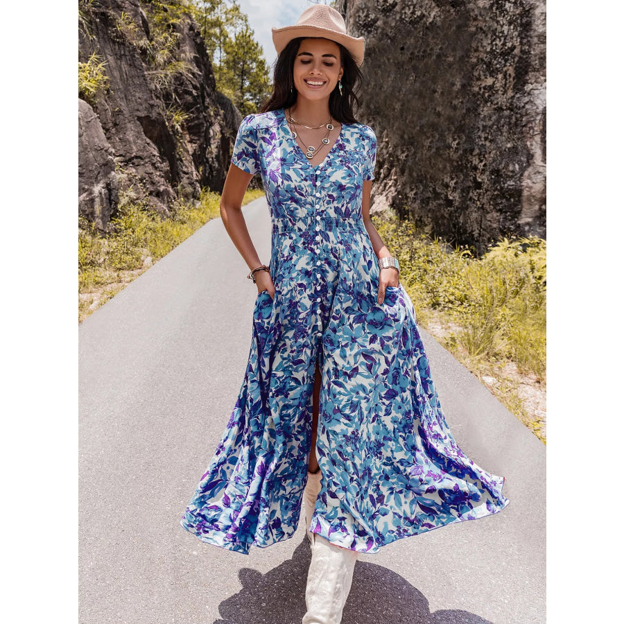 Floral Print V-Neck Slit Midi Dress Apparel and Accessories