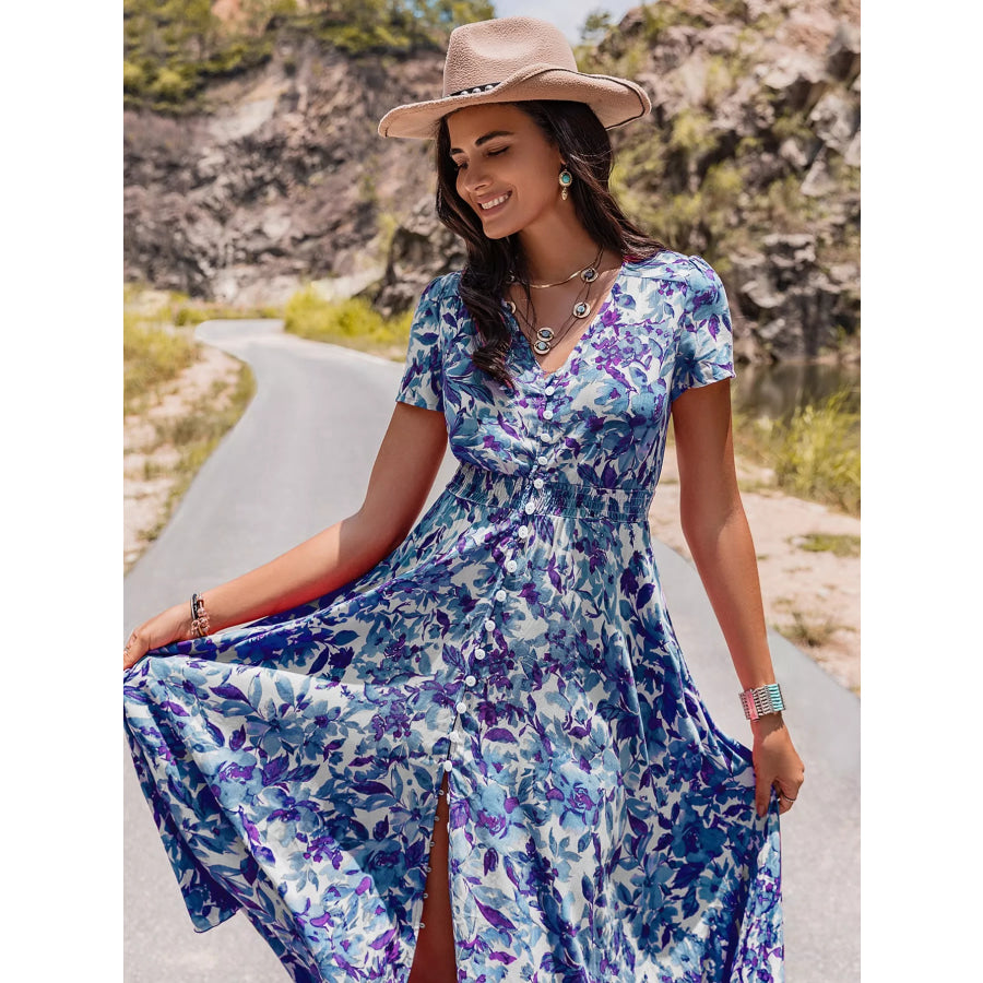 Floral Print V-Neck Slit Midi Dress Apparel and Accessories