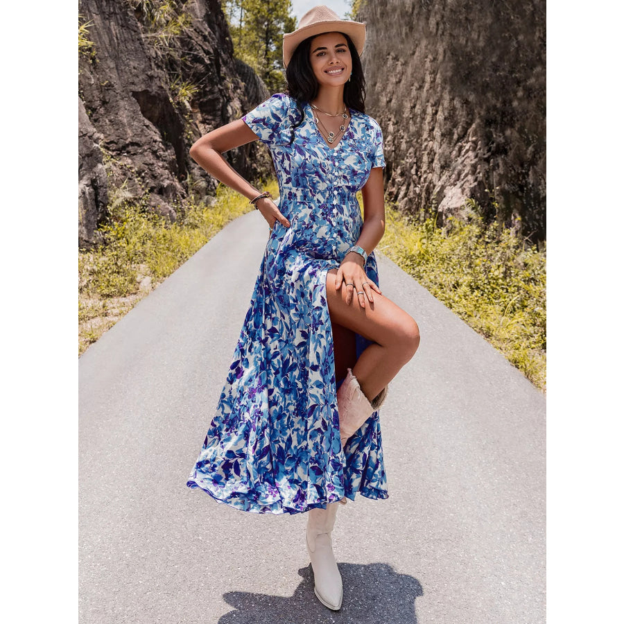 Floral Print V-Neck Slit Midi Dress Apparel and Accessories