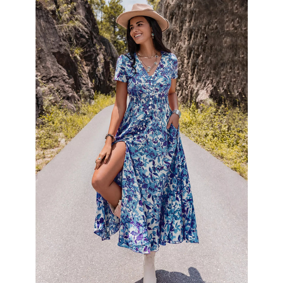 Floral Print V-Neck Slit Midi Dress Apparel and Accessories
