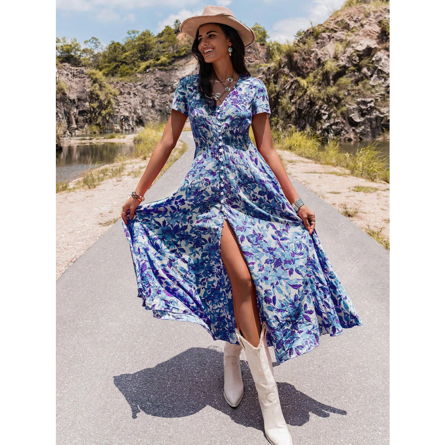 Floral Print V-Neck Slit Midi Dress Light Blue / S Apparel and Accessories