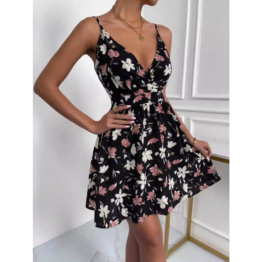 Floral Print V-Neck Spaghetti Strap Mini Dress Black / S Apparel and Accessories
