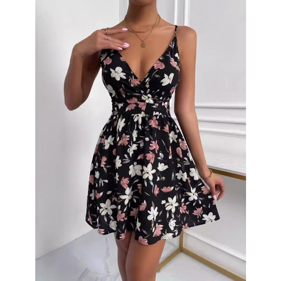 Floral Print V-Neck Spaghetti Strap Mini Dress Apparel and Accessories