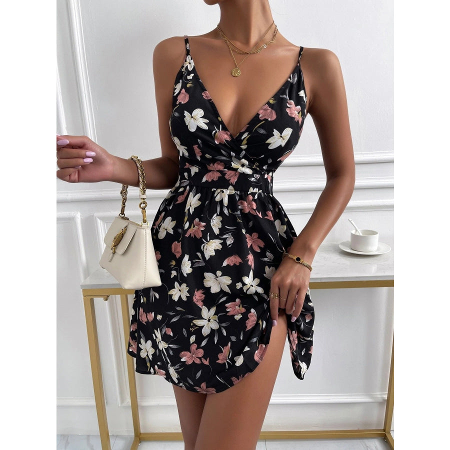Floral Print V-Neck Spaghetti Strap Mini Dress Apparel and Accessories