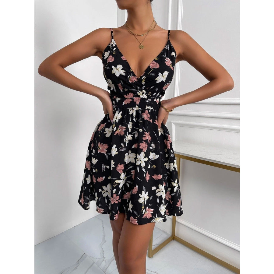 Floral Print V-Neck Spaghetti Strap Mini Dress Apparel and Accessories