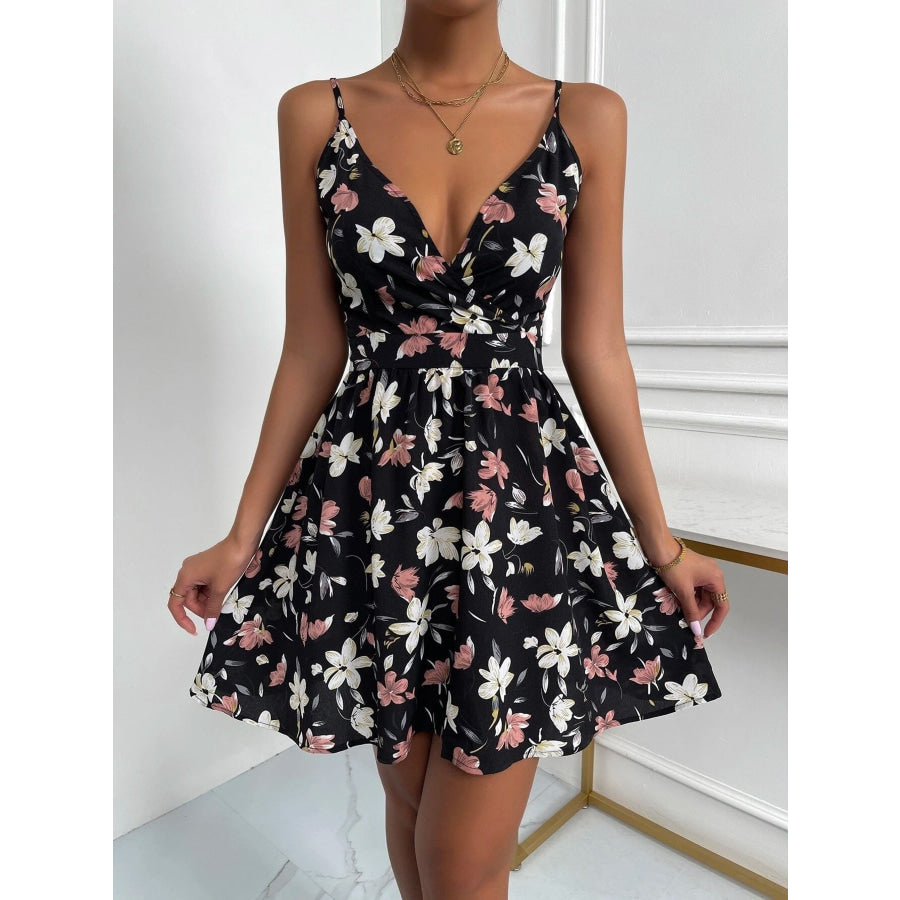 Floral Print V-Neck Spaghetti Strap Mini Dress Black / S Apparel and Accessories