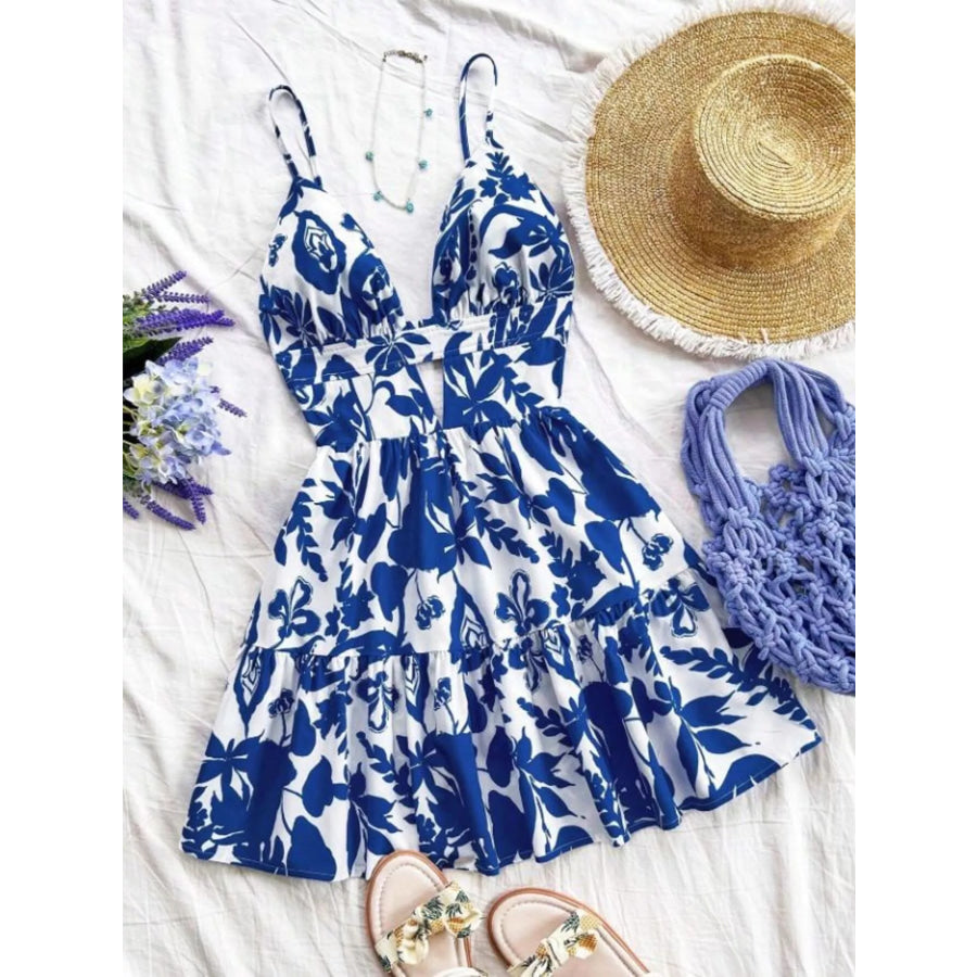 Floral Print V-Neck Tiered Mini Dress Blue / S Apparel and Accessories