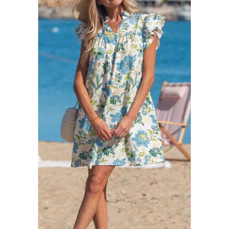 Floral Print V Neck Triple Ruffle Short Sleeve Shift Mini Dress Apparel and Accessories