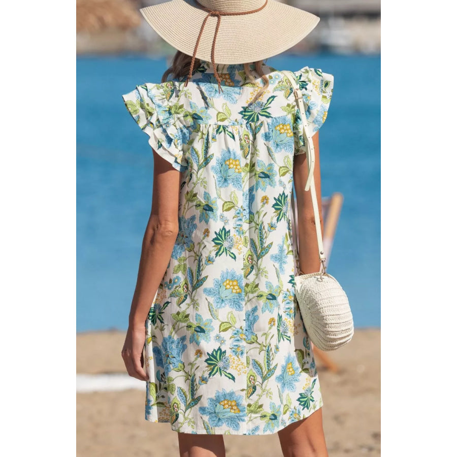 Floral Print V Neck Triple Ruffle Short Sleeve Shift Mini Dress Apparel and Accessories