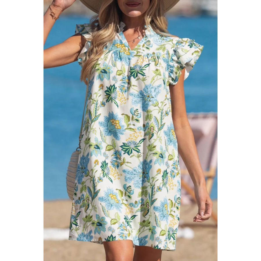 Floral Print V Neck Triple Ruffle Short Sleeve Shift Mini Dress Apparel and Accessories