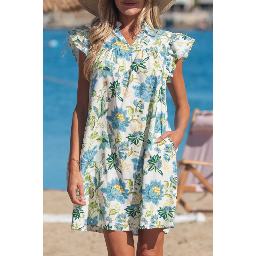 Floral Print V Neck Triple Ruffle Short Sleeve Shift Mini Dress Apparel and Accessories