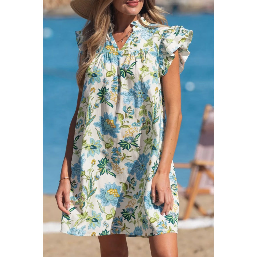 Floral Print V Neck Triple Ruffle Short Sleeve Shift Mini Dress Floral / S Apparel and Accessories