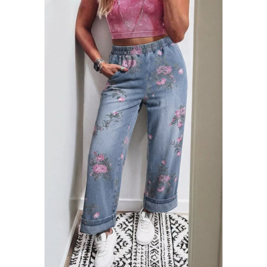 Floral Print Wide Leg Elastic Waist Jeans Apparel and Accessories