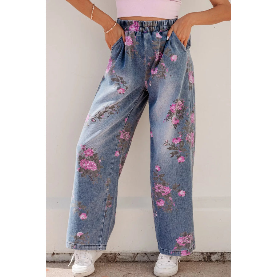 Floral Print Wide Leg Elastic Waist Jeans Apparel and Accessories