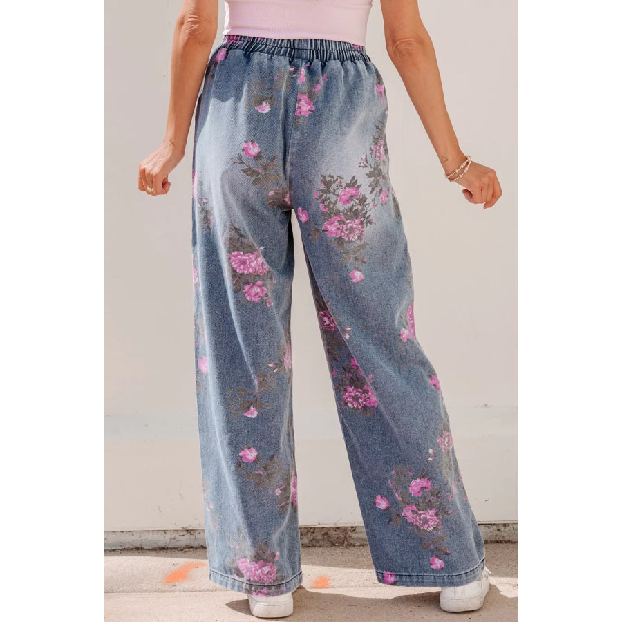 Floral Print Wide Leg Elastic Waist Jeans Apparel and Accessories