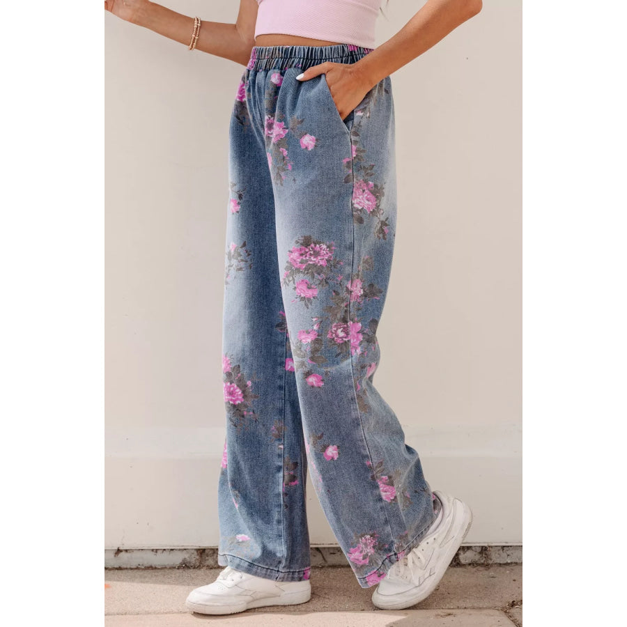 Floral Print Wide Leg Elastic Waist Jeans Apparel and Accessories