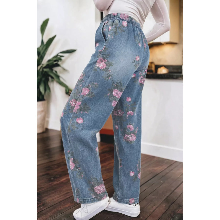 Floral Print Wide Leg Elastic Waist Jeans Apparel and Accessories