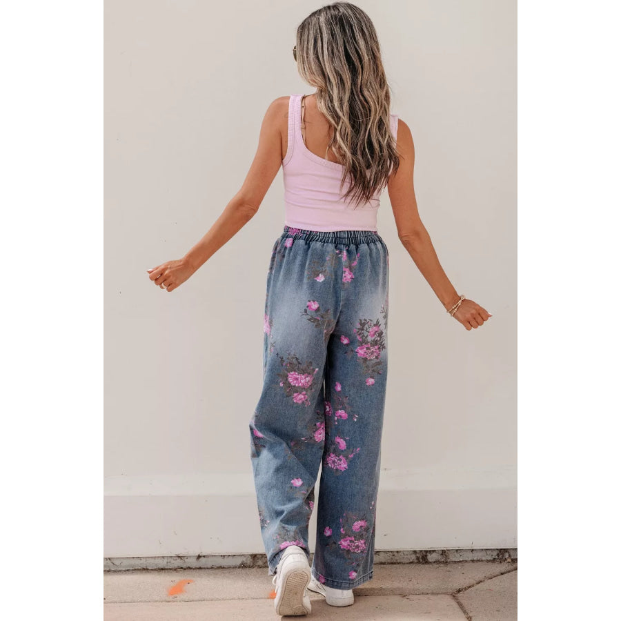 Floral Print Wide Leg Elastic Waist Jeans Apparel and Accessories