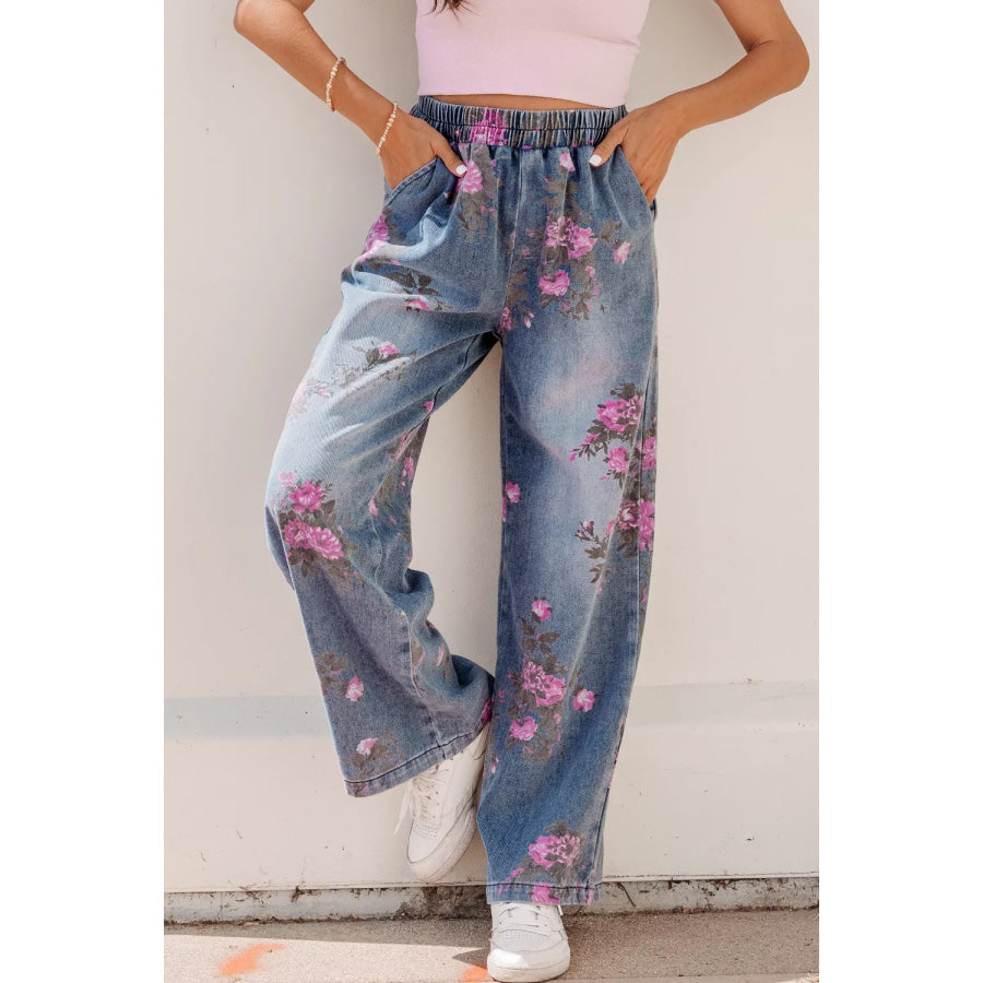 Floral Print Wide Leg Elastic Waist Jeans Medium / 4 Apparel and Accessories