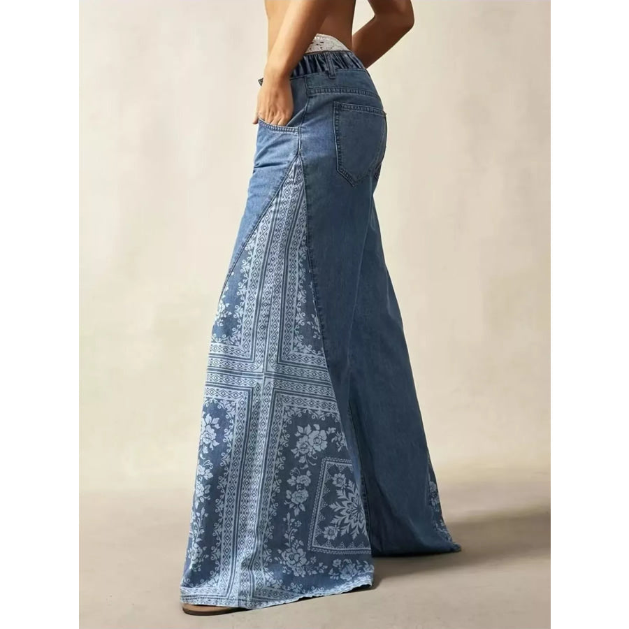 Floral Print Wide-Leg Flare Jeans Apparel and Accessories