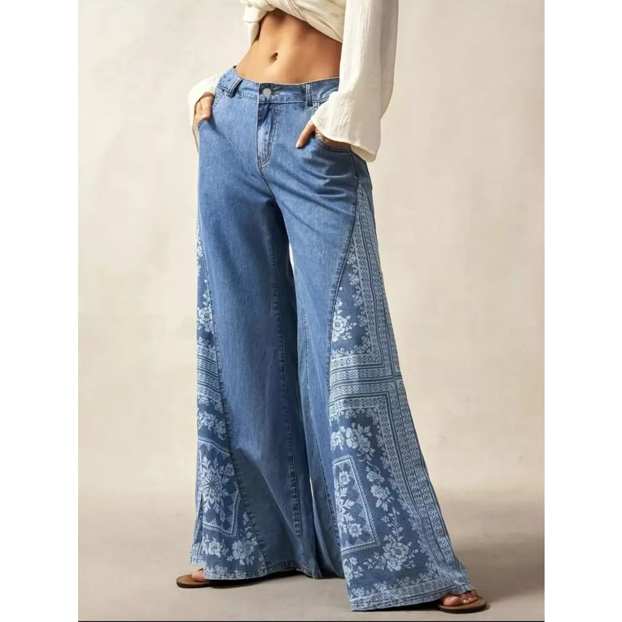 Floral Print Wide-Leg Flare Jeans Apparel and Accessories