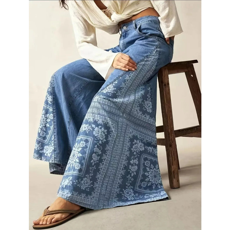 Floral Print Wide-Leg Flare Jeans Apparel and Accessories